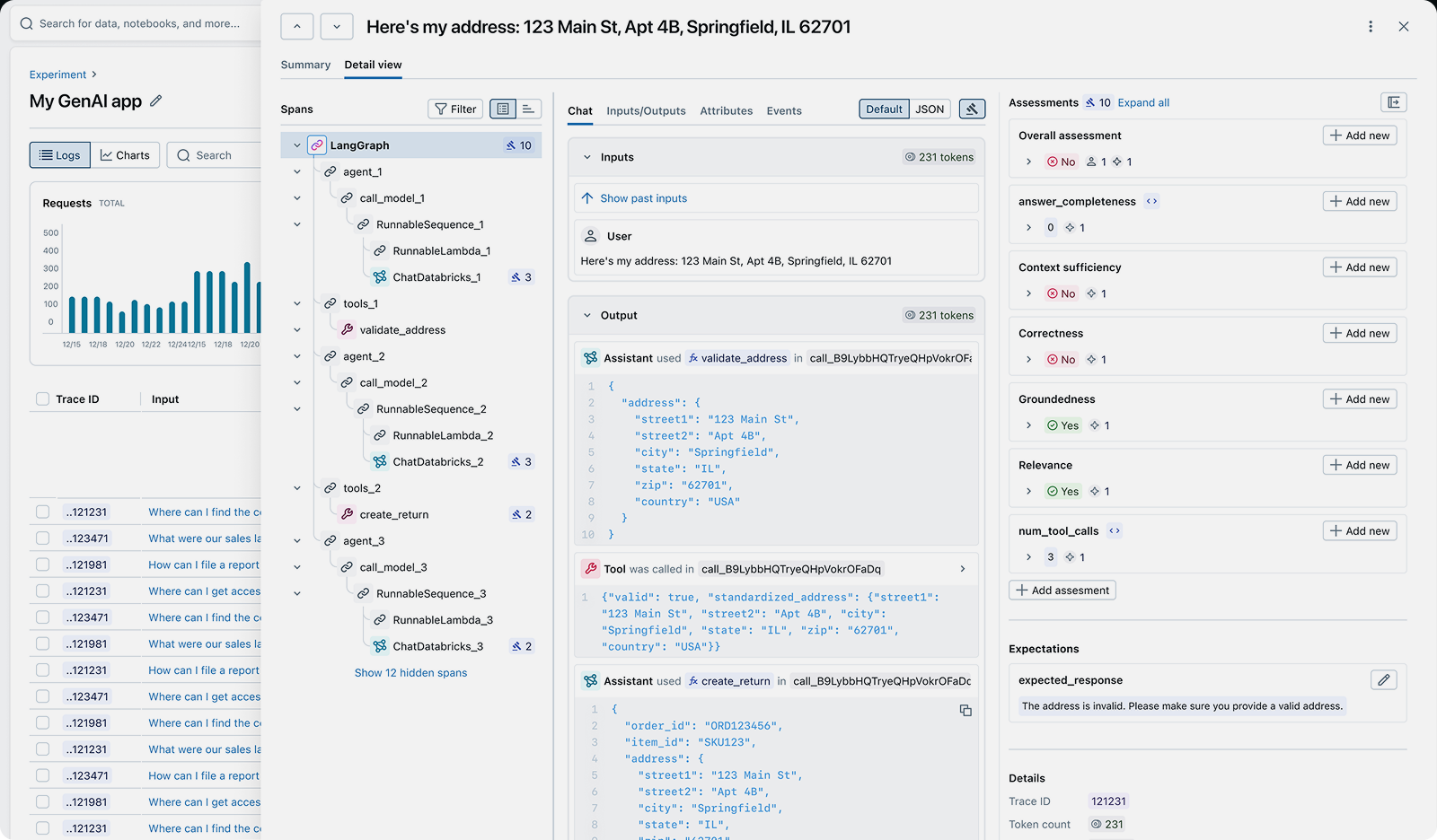MLflow Trace UI showing captured LLM calls with prompts, responses, and metadata
