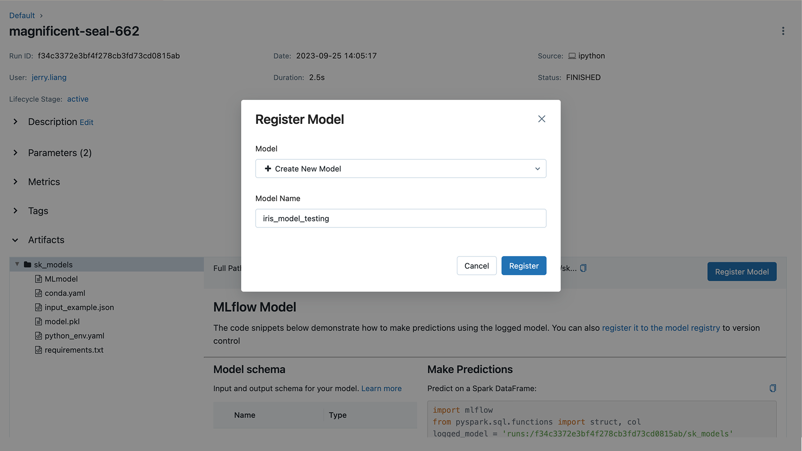 MLflow model registry screenshot